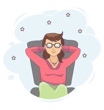 Vector drawing of a sitting and dreaming girl with closed eyes on a background Stock Illustration