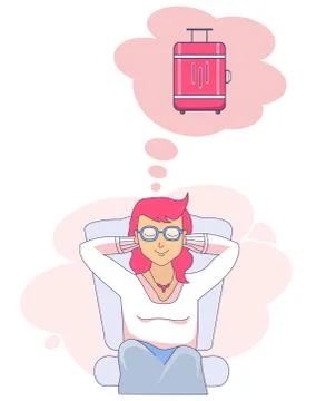 Vector drawing of a sitting and dreaming girl about a trip with closed eyes on Stock Illustration