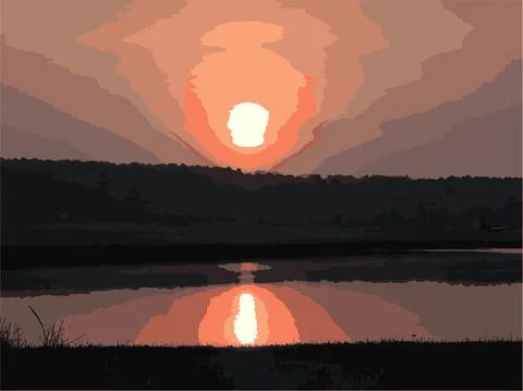 Vector Drawing of sunset over tree line and river with reflections Stock Illustration