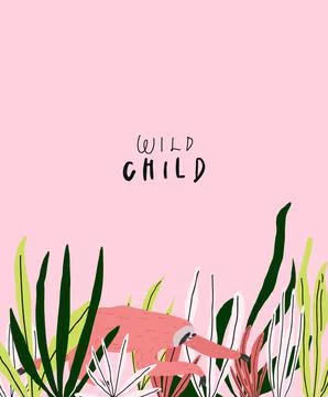 Vector drawing of three-toed sloth in leaves and plants Stock Illustration