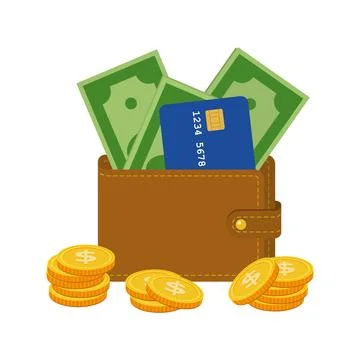 Vector drawing of a wallet with money and a credit card Stock Illustration