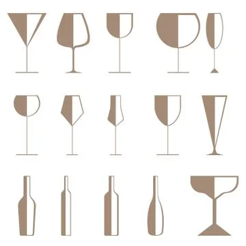 Vector drawn champagne and wine glasses. Isolated on white background. Stock Illustration