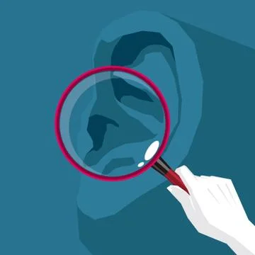 Vector drawn ears and magnifying glass. The background is red. Stock Illustration