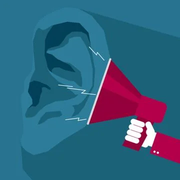 Vector drawn ears and megaphone. The background is red. Stock Illustration