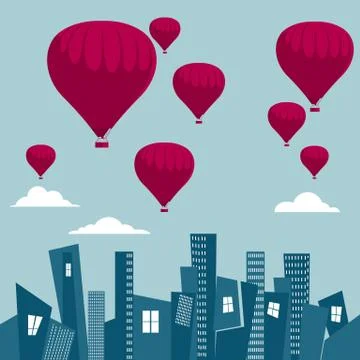 Vector drawn hot air balloon. Over the city. The background is blue. Ilustração Stock