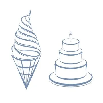 Vector drawn ice cream and cakes. Isolated on white background. Stock Illustration