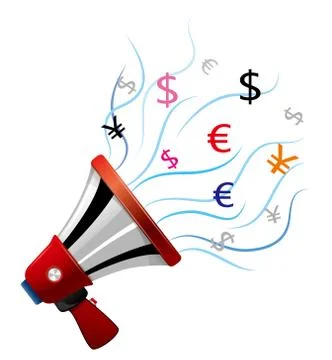 Vector drawn megaphone and currency symbols, isolated on white background. Stock Illustration