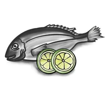 Vector drawn sketch of fresh fish with lime wedges, doodle style Stock Illustration