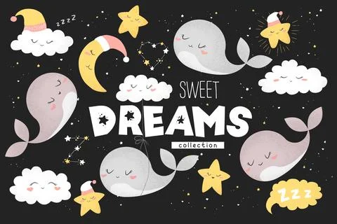 Vector dream collection with cute hand drawn cartoon clouds, moon, stars an.. Stock Illustration