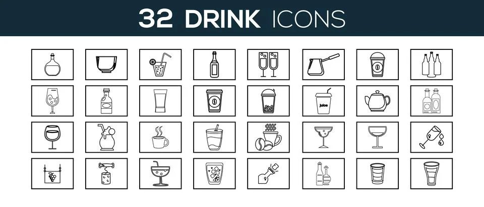 Vector drink lines icons set grey on white background. Stock Illustration