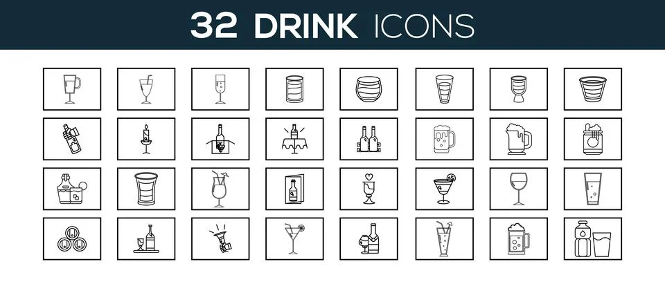 Vector drink lines icons set grey on white background. Stock Illustration