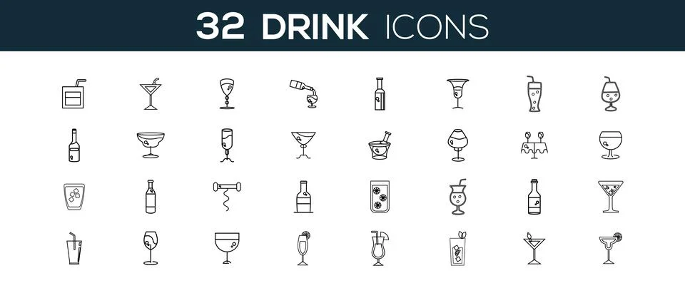 Vector drink lines icons set grey on white background. Stock Illustration