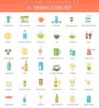 Vector drinks color flat icon set. Coffee, alcogol and tee. Elegant style design イラスト素材