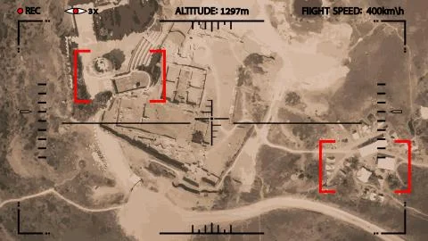 Vector. Drone attack on the camp in the desert. Stock-Illustration