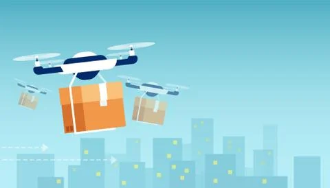 Vector of drones delivering orders on the cityscape background. Stock Illustration