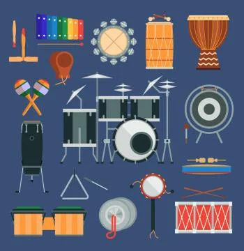 Vector drum percussion musical instruments flat style classical orchestral, rock Illustrazione stock