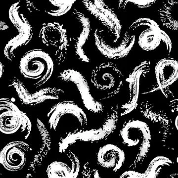 Vector Dry Brush Twirls and Spirals Pattern White on Black Stock Illustration