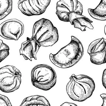 Vector dumplings pattern. Vintage sketch illustration. Stock Illustration