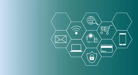 Vector e-commerce banner design on light blue background. The icons are colle Illustrazione stock