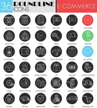 Vector e-commerce circle white black icon set. Modern line black icon design for 스톡 일러스트