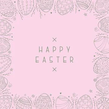 Vector Easter background with hand drawn eggs. Pink decorative festive cover Illustrazione stock