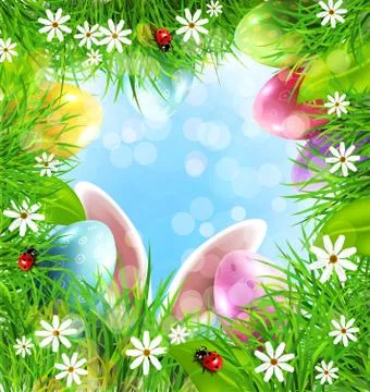 Vector Easter background with rabbit ears, eggs, grass and blue sky. Stock Illustration
