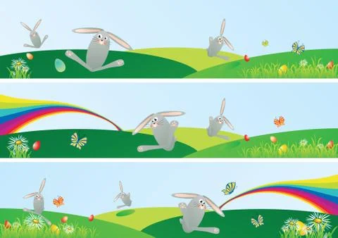 Vector Easter binny and eggs web banner set with space for your logo and text Stock Illustration