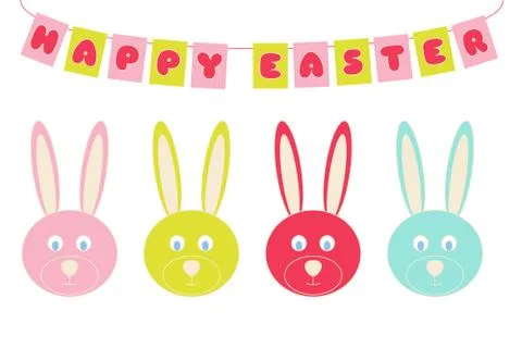 Vector easter bunnies of different colors with banner Иллюстрация