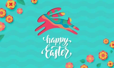 Vector Easter bunny of colored paper cut in jump. Happy Easter greeting card  Stockillustratie