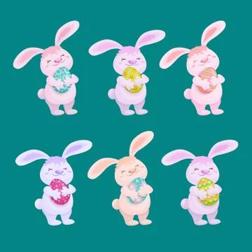 Vector easter cake, rabbits holding easter egg set 스톡 일러스트
