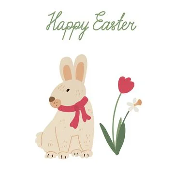 Vector Easter card with bunny and  spring flowers. Stock Illustration