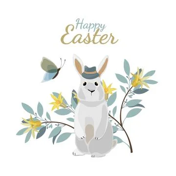 Vector Easter card. Bunny in a hat, twigs with yellow flowers, butterfly, on a Stock Illustration