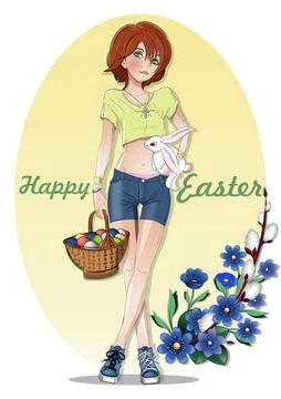 Vector Easter card with a cute girl Stock Illustration