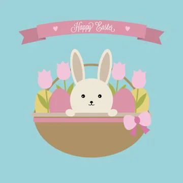 Vector Easter card. Easter basket with rabbit, eggs and tulips Stock Illustration