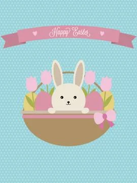 Vector Easter card. Easter basket with rabbit, eggs and tulips Stockillustratie