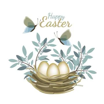 Vector Easter card. Nest with eggs, twigs, butterflies. Stock Illustration