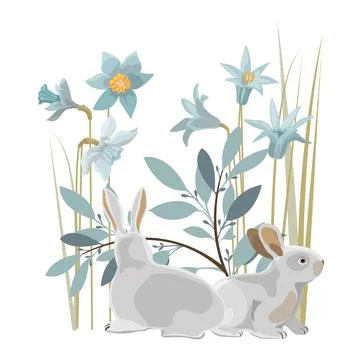 Vector Easter card. Two bunnies, daffodils, twigs and herbs. Stock Illustration