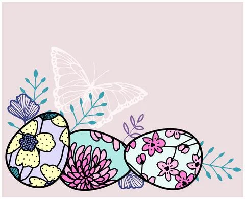 Vector easter composition of painted stylized eggs, plants and butterflies in Stock Illustration