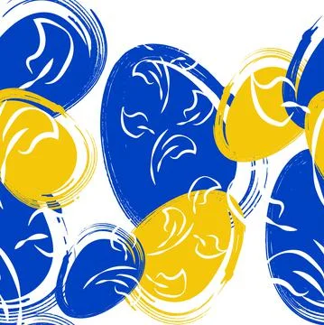 Vector. Easter design with hand drawn brush strokes, yellow and blue eggs. Stock Illustration