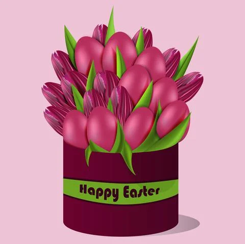 Vector. Easter design. Realistic 3d bouquet of purple tulips in a round box, Illustrazione stock