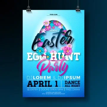 Vector Easter Egg Hunt Party Flyer Illustration with flowers in cutting egg Stock Illustration