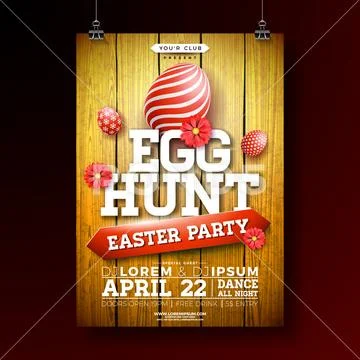 Vector Easter Egg Hunt Party Flyer Illustration with painted egg and flower on Stock Illustration