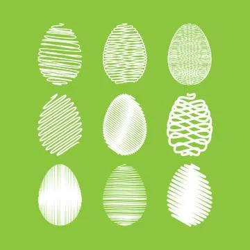 Vector easter egg set. White scribble effect on green background Illustrazione stock