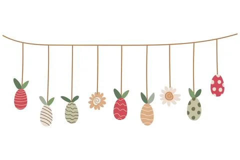Vector Easter eggs garland decorated with leaves and flowers. Stock Illustration