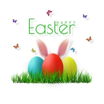 Vector Easter eggs with grass, butterfly and flowers isolated on a white back Stock Illustration