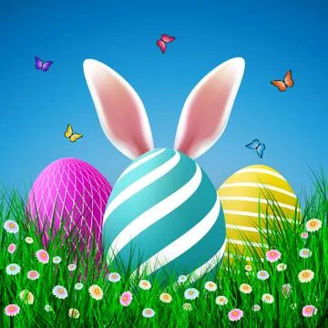 Vector Easter eggs with grass, butterfly and flowers isolated on a blue backg Stock Illustration