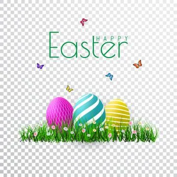 Vector Easter eggs with grass, butterfly and flowers isolated on a transparen Stock Illustration