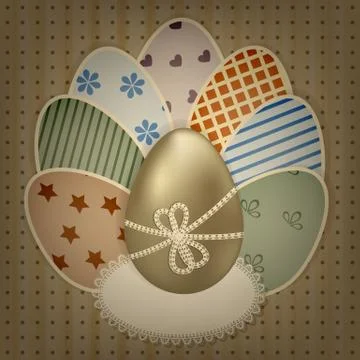 Vector  easter greeting card with golden and retro colorful eggs on lacy napk Stock-Illustration