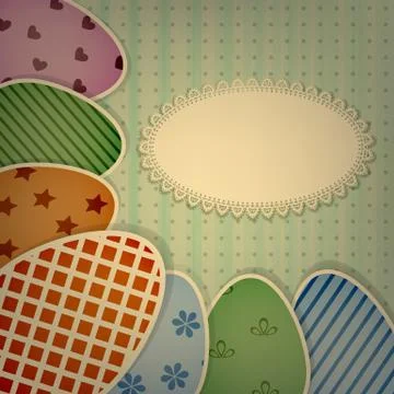 Vector  easter greeting card with  retro colorful eggs on lacy napkin Stock Illustration