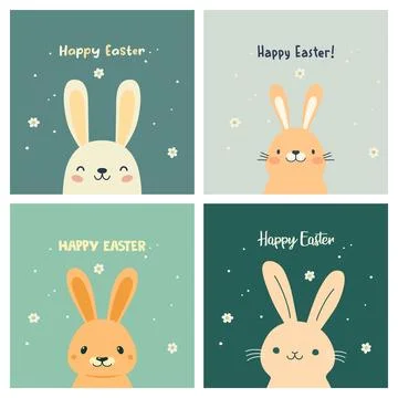 Vector Easter Greeting Card Set with Easter Cute and Funny Cartoon Rabbit Stock Illustration